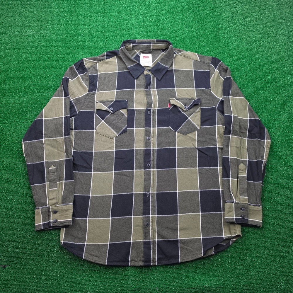 Levi Strauss Classic Plaid Flannel Button Up Shirt Mens 2XL/XL Black Olive